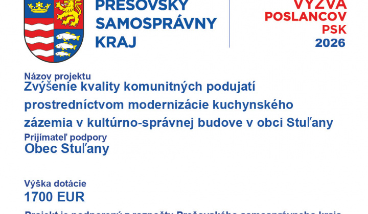 Fotka -  PSK 2026 - Zvýšenie kvality komunitných podujatí prostredníctvom modernizácie kuchynského zázemia v kultúrno-správnej budove v obci Stuľany